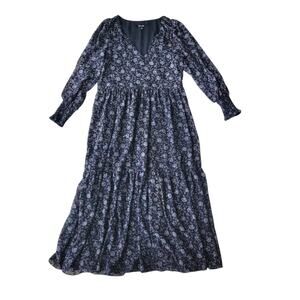 Madewell Georgette V-Neck Tiered Midi Dress Enchanted Floral Black Oversized XXS